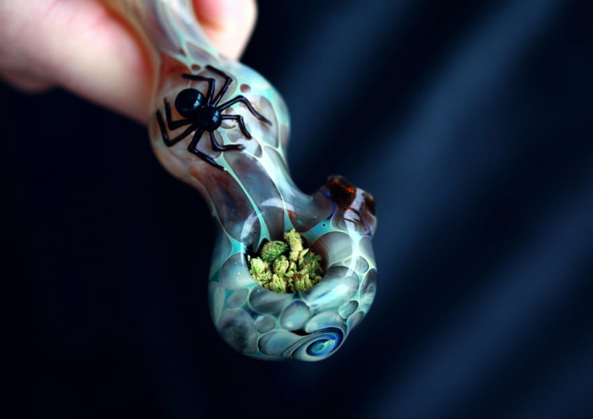 Glass cannabis pipe with marijuana flower