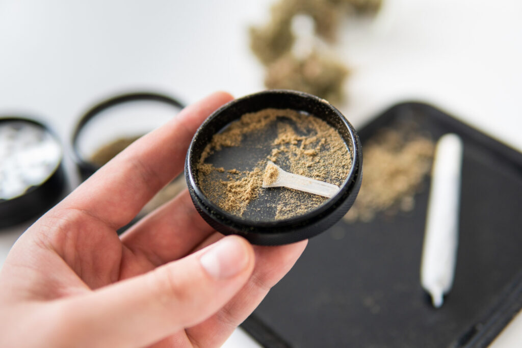 Cannabis kief in grinder lid with rolled joint nearby