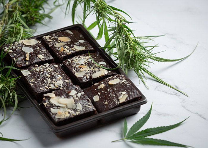 Cannabis brownies with marijuana leaves