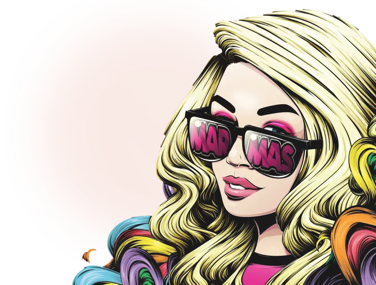 Woman wearing sunglasses with Marmas brand logo reflected, illustration